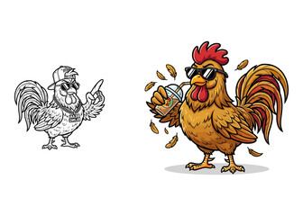 Cool cartoon rooster coloring page and mascot vector set © SUMON