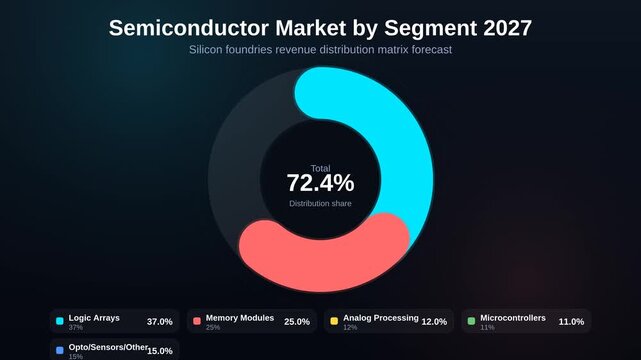 Animated donut chart showing semiconductor market by segment comparing silicon foundries revenue distribution 2027 forecast