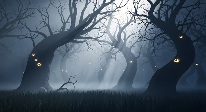 Mysterious forest landscape with bare trees and glowing orbs in the mist