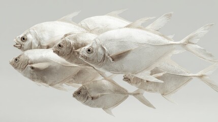 Fototapeta premium School of silver fish swimming together in clear water, isolated group with shiny scales reflecting light, natural aquatic movement and underwater harmony, detailed and dynamic composition