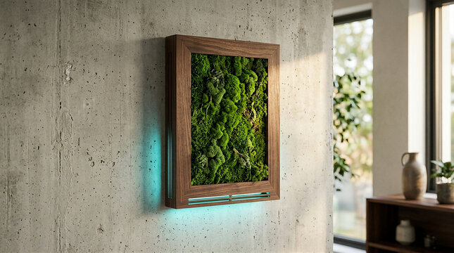 Smart Air Purifying Moss Frame Mockup on Concrete Wall