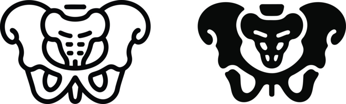 Human pelvis anatomy illustration set line art and solid black versions