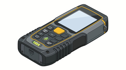 A rugged handheld device with a gray screen and yellow accents on a white background. © Muj