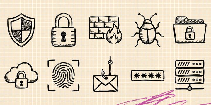 Black ink scribble doodle vector vintage hand drawn set of security padlock privacy safe lock cyber protection and guard defense