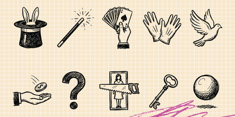 Black ink scribble doodle vector vintage hand drawn set of magic trick illusion wizard hat wand mystery entertainment and fun © Broke Stoke