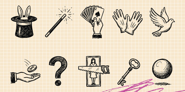 Black ink scribble doodle vector vintage hand drawn set of magic trick illusion wizard hat wand mystery entertainment and fun