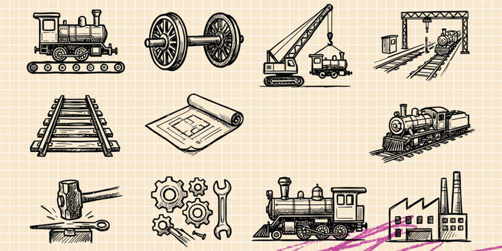 Black ink scribble doodle vector vintage hand drawn set of railway train transport travel track locomotive and cargo journey