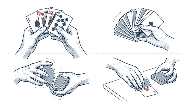 Hands holding and shuffling playing cards, illustration set