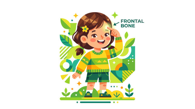 Happy Kid Points to Frontal Bone, Educational Illustration
