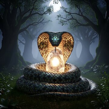 Mystical cobra with glowing orb in forest at night fantasy concept