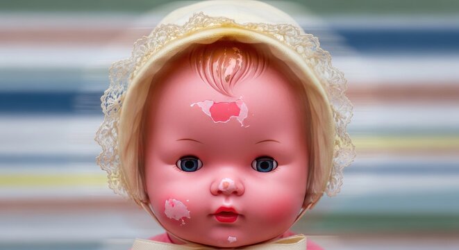 Vintage Baby Doll with Pink Cheeks and Bonnet.