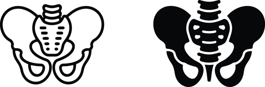Pelvic bone anatomy illustration set line art and solid silhouette