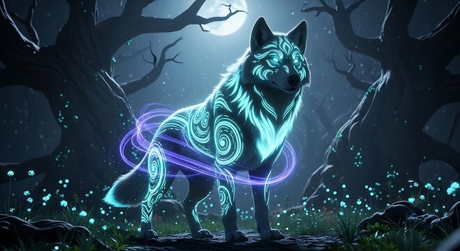 Mystical illuminated wolf standing in a dark forest with glowing elements