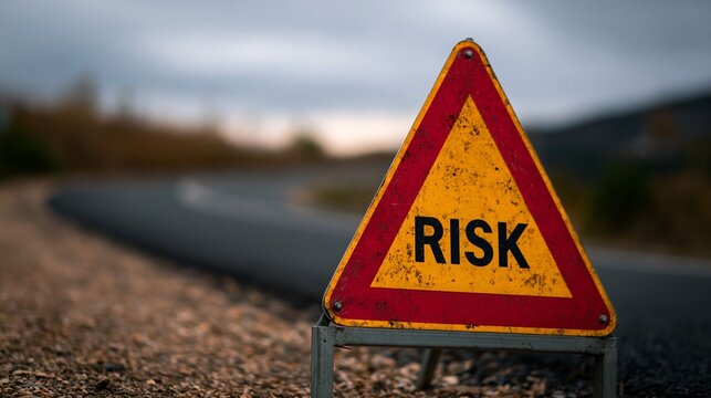 Yellow and red triangle road sign with risk text.