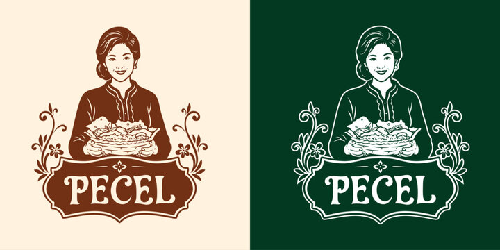 Logo of a smiling woman serving typical Javanese Indonesian pecel food, kebaya dress, Asian ornaments