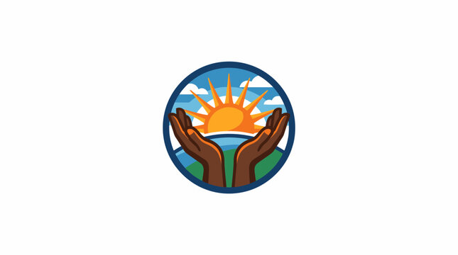 Circular logo with hands holding sun over water.