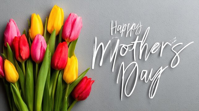 Happy mothers day text with beautiful bouquet of colorful tulips including yellow red and pink flowers on grey textured background elegant floral greeting card for spring celebration.