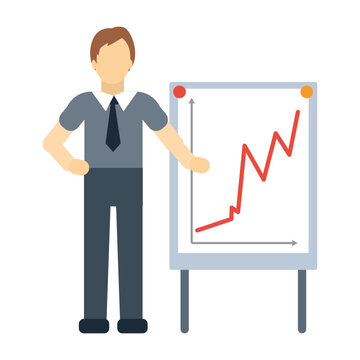 a businessman stands beside a whiteboard displaying a graph. flat icon style with simple colors.