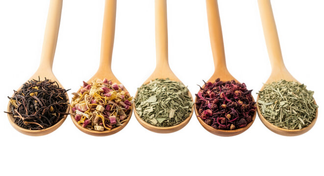 Five wooden spoons filled with various types of dry tea leaves isolated on transparent background