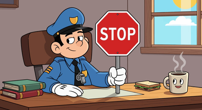 Cartoon policeman sitting at desk holding a stop sign