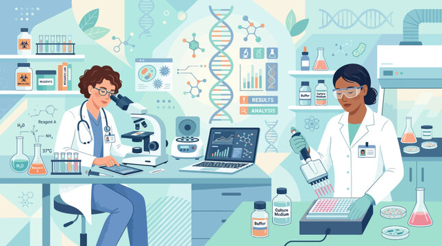 Scientists doing research in a modern laboratory with DNA and technology