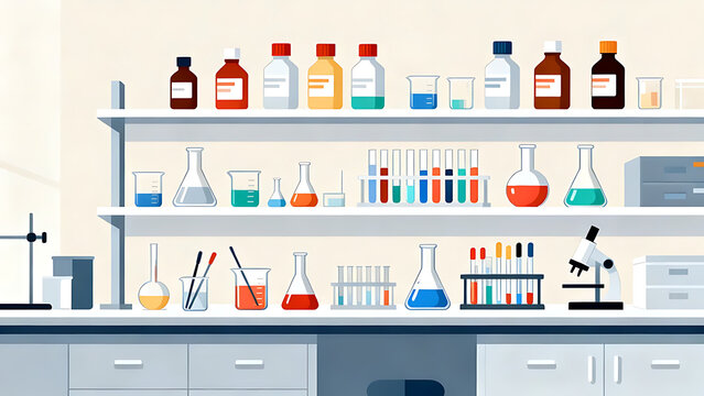 Laboratory equipment and supplies on shelves and countertops for science experiments and research in a professional chemistry lab setting with various glassware and tools