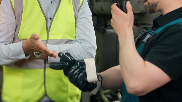 Close up of factory supervisor and industrial worker communicating by handheld radio in manufacturing workshop. Team coordination and production management