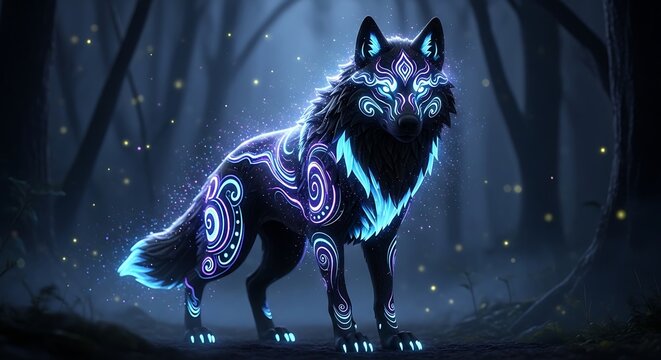 Mystical wolf illustration in forest with glowing blue and purple patterns