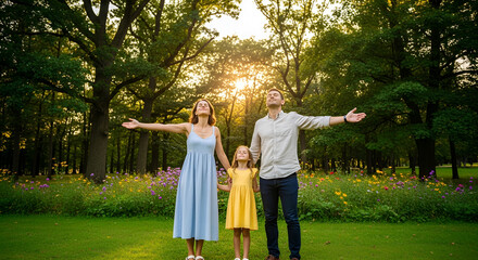 Fototapeta premium Happy family enjoying a walk in a green park during sunset, celebrating togetherness, healthy outdoor lifestyle, and family bonding.