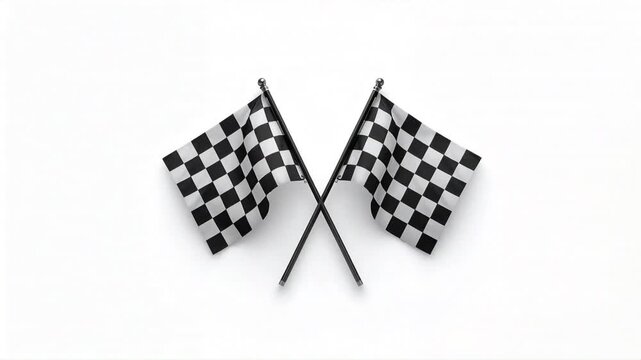 Checkered flags waving animation video clip featuring two crossed motorsport finish line symbols isolated on a clean white background