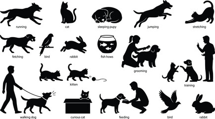 Fototapeta premium Pet silhouettes with dogs, cats, birds, rabbits, and human interactions including grooming, feeding, walking, and training activities