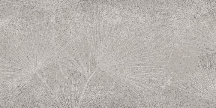 A textured, cool grey background featuring a subtle, embossed pattern of overlapping tropical fan palm leaves.