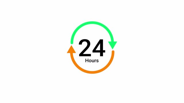 24 hours availability concept animation on transparent background, full time service sign with rotating arrow icon animated.