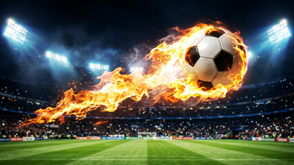 Naklejka premium Soccer ball on fire speeding across stadium field with intense flames and sparks during championship match night game concept digital illustration for sports marketing.