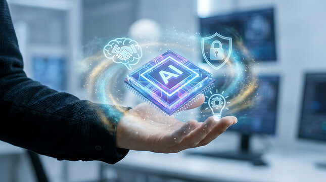 Man presenting artificial intelligence concept with icons and symbols floating above his hand in modern office