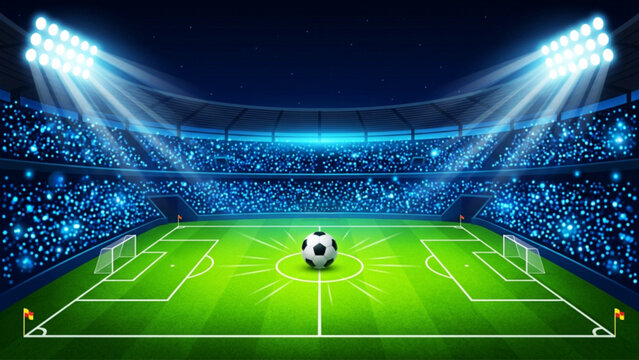 Professional soccer ball sitting in center of green grass pitch inside illuminated stadium at night for championship game concept digital illustration with glowing lights.