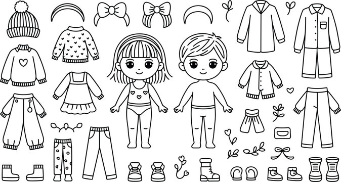Cute kawaii paper doll coloring page set with boy girl characters clothes and winter accessories