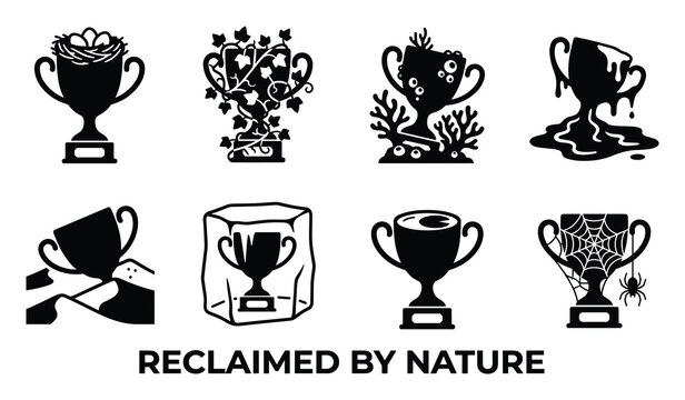 Black silhouette trophy icons showing nature reclaiming items like nests and coral on white background.