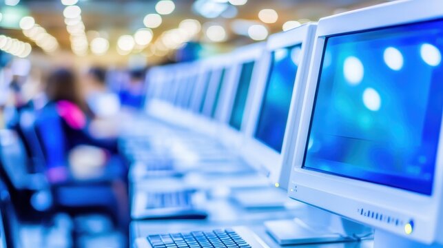 Modern computer workstations with multiple monitors in a professional environment