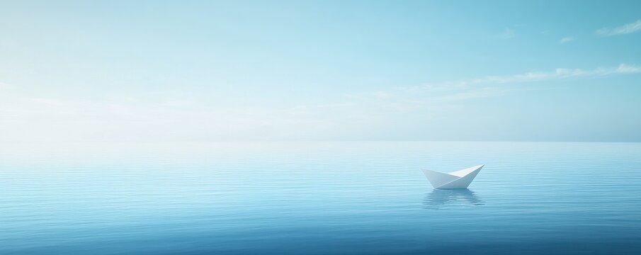 Serene Ocean Scene with Paper Boat on Calm Water under Blue Sky