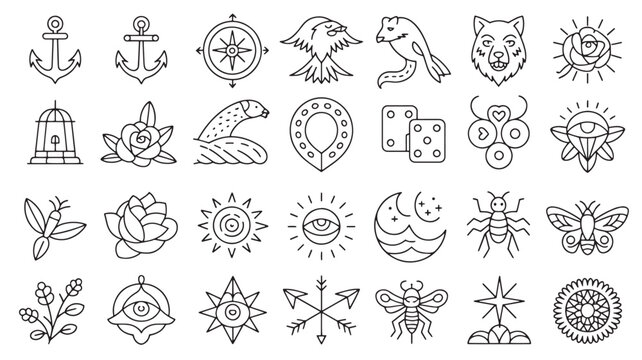 Vintage tattoo flash icons, 28 black line art occult and nautical symbols, minimalist old school tattoo vector set for branding and apparel