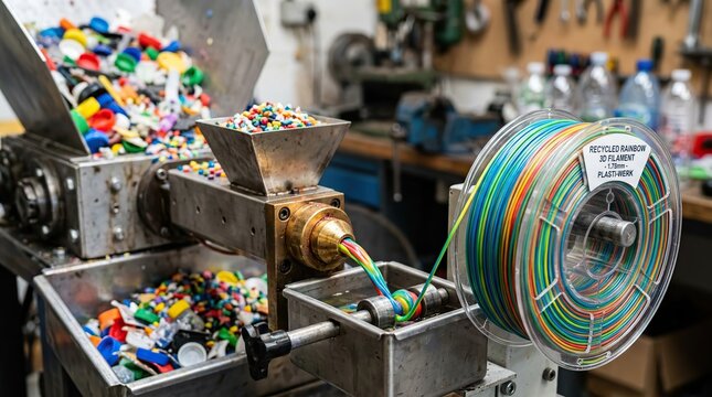 Industrial plastic sorting and feeding machine processing colorful fragments in a busy factory setting