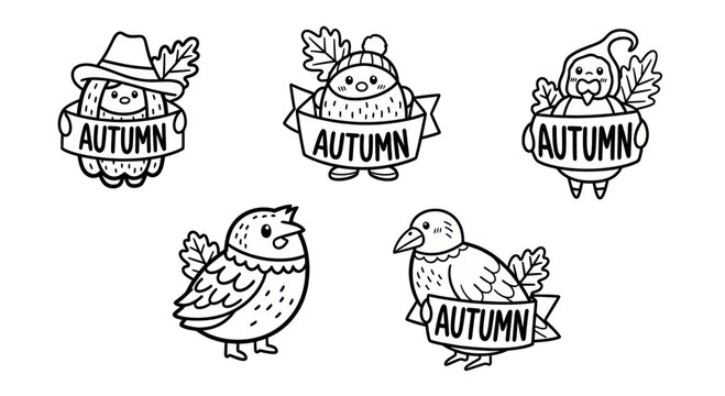 Cute autumn-themed birds and characters with banners, perfect for seasonal decor and greetings. Ideal for fall illustration projects.