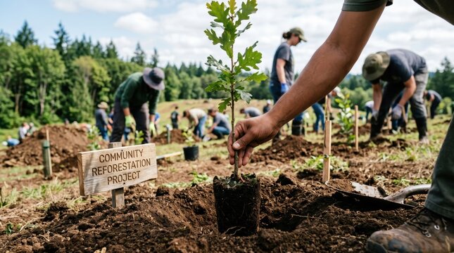 Group of volunteers planting young oak tree sapling in soil during community reforestation project, environmental conservation and sustainability teamwork concept