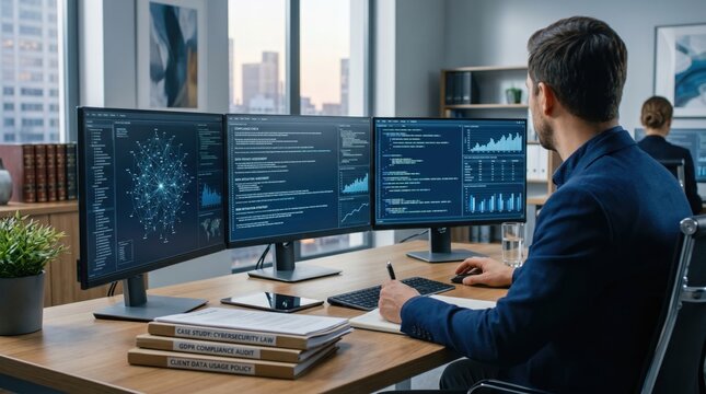 Cybersecurity analyst monitoring complex network data and security protocols on triple monitor setup in corporate office, GDPR compliance audit documents on desk