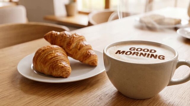 Coffee latte with &ldquo;GOOD MORNING&rdquo; foam art, with golden croissants on wooden table, cozy breakfast atmosphere, inviting morning caf&eacute; scene, 4K video