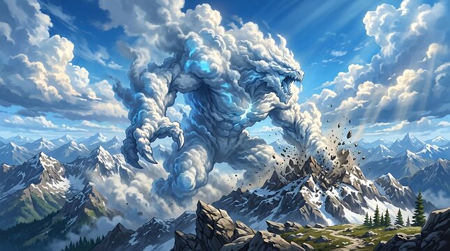 Gigantic Cloud Monster Devastates Mountain Landscape Under Blue Sky
