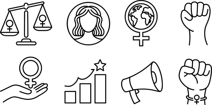 Feminism and women empowerment line icon set featuring gender equality scales and power fists