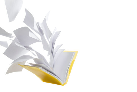 White papers flying out of an open yellow folder