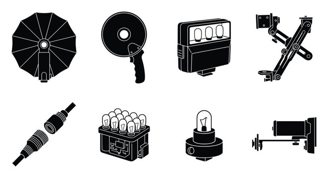 Photography lighting equipment including flash umbrella reflector flashgun mount and flash bulbs vector icons set.